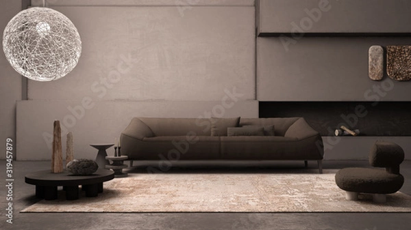 Fototapeta Elegant grunge living room with plaster walls and floor, fireplace. Brown sofa with pillows, carpet, fluffy armchair, side tables, vases, decors. Modern interior design idea