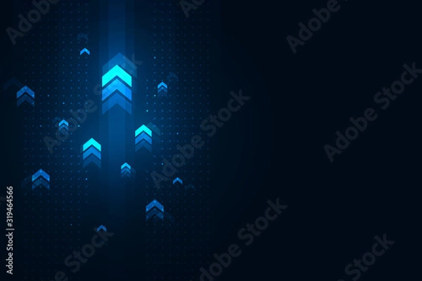 Fototapeta Light arrow up on grid dark background illustration, copy space composition, digital growth concept.