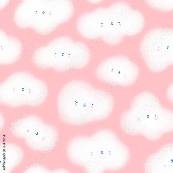 Fototapeta Pink sky with cute clouds seamless pattern