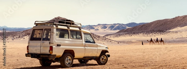 Fototapeta Travelling by car in a stone desert of Egypt or safari on a SUV automobile.