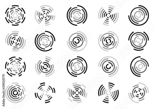 Fototapeta Set of icons of fireworks and explosions of a circular shape using eccentric circles and their segments with different transparency isolated on a white background.