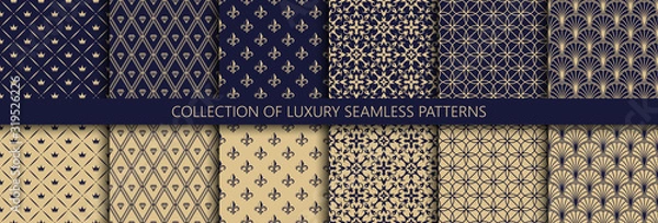 Obraz Zestaw wektor bez szwu luksusowych wzorów. Kolekcja ozdobnych wzorów w granatowo-złotej kolorystyce.