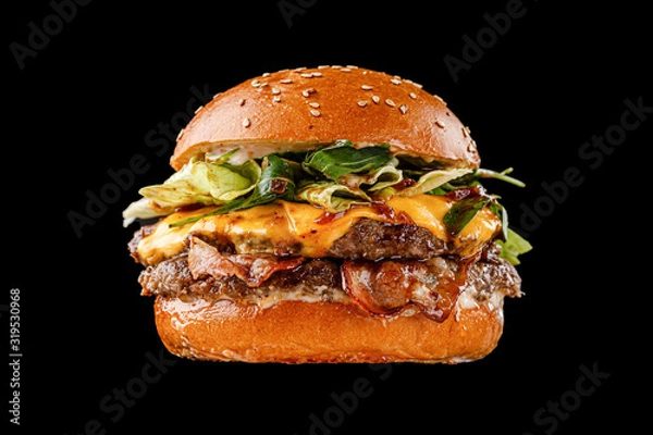 Obraz 21 burger on a black background for the menu. Black and white burgers with meat, chicken cutlet, salad, egg.