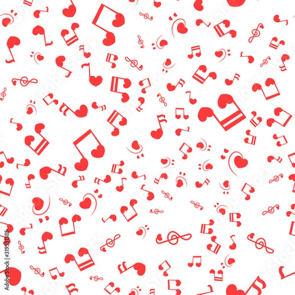 Fototapeta Seamless patter with love music - notes with hearts. Do, re, mi, fa, sol, la, si, clef - sign of music.