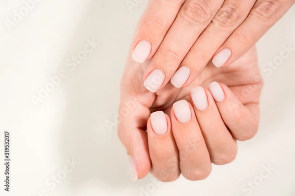 Fototapeta Closeup top view of 2 beautiful hands of woman with professional manicure, nails painted with light pink color and covered with mat top without glossy shine. Nude style design of fingernails.