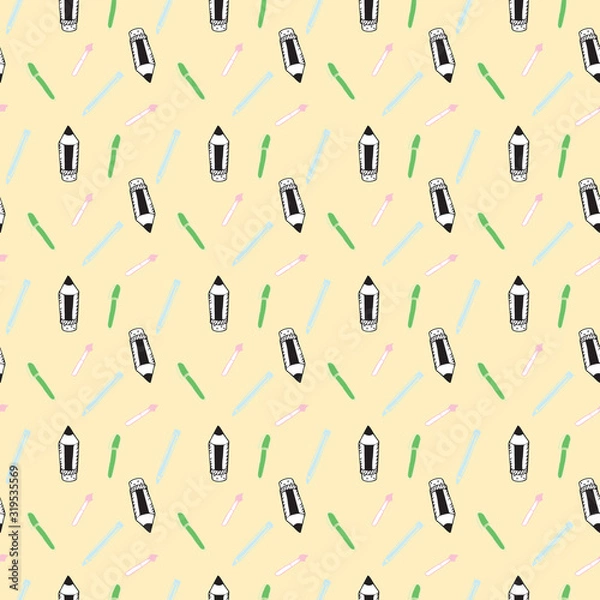 Fototapeta Seamless Pattern with Colorful Pencils and Pens. Back to School Background	