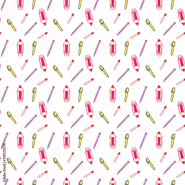 Fototapeta Seamless Pattern with Colorful Pencils and Pens. Back to School Background	