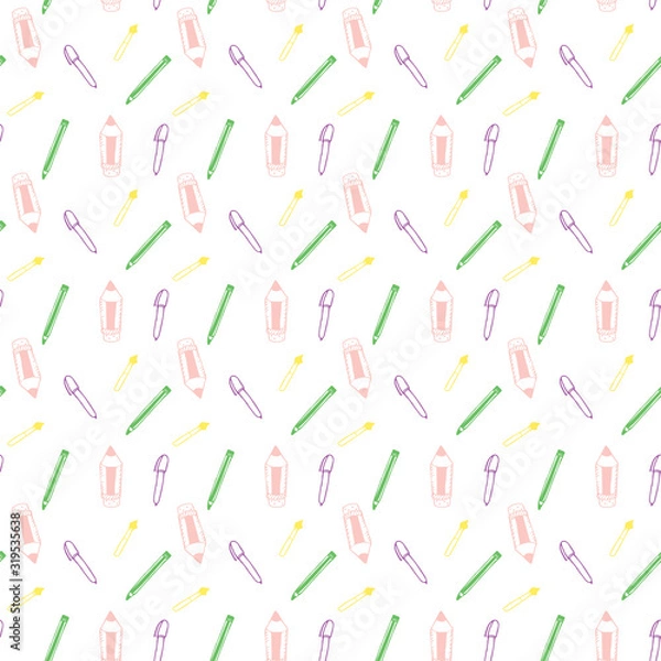 Fototapeta Seamless Pattern with Colorful Pencils and Pens. Back to School Background	