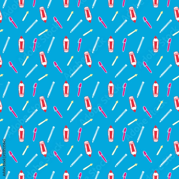 Fototapeta Seamless Pattern with Colorful Pencils and Pens. Back to School Background	
