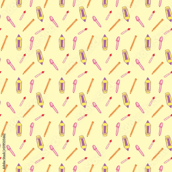Fototapeta Seamless Pattern with Colorful Pencils and Pens. Back to School Background