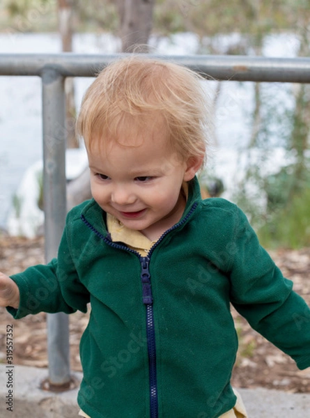 Fototapeta Young 2 year old boy playing outside at a state park