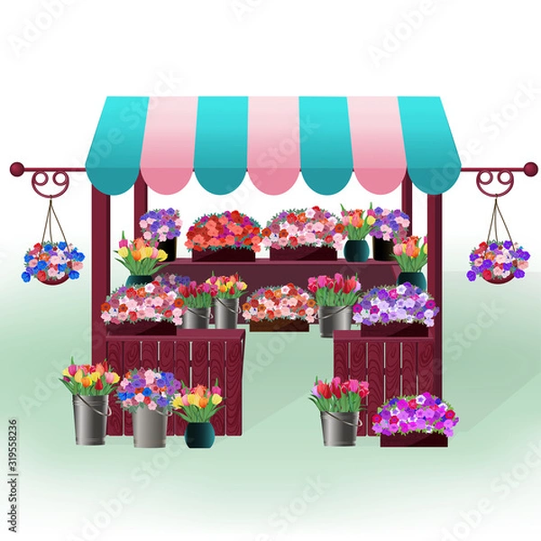 Fototapeta Open a flower shop or a wooden kiosk with a large number of pots and trays of flowers. Spring sale of seedlings or buds for bouquets with tulips and petunias. Vector illustration.