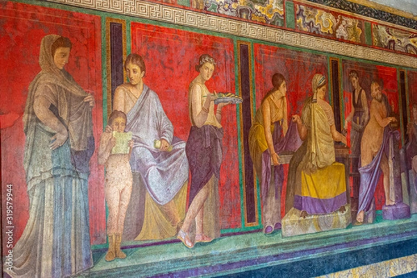 Obraz Italy, Pompeii, archaeological area, remains of the city buried by the eruption of ashes and rocks of Vesuvius in 79. Remains of the frescoes in the Villa of Mysteries