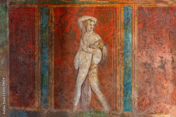 Fototapeta Italy, Pompeii, archaeological area, remains of the city buried by the eruption of ashes and rocks of Vesuvius in 79. Remains of the frescoes in the Villa of Mysteries
