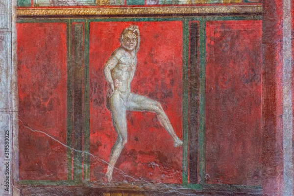 Fototapeta Italy, Pompeii, archaeological area, remains of the city buried by the eruption of ashes and rocks of Vesuvius in 79. Remains of the frescoes in the Villa of Mysteries