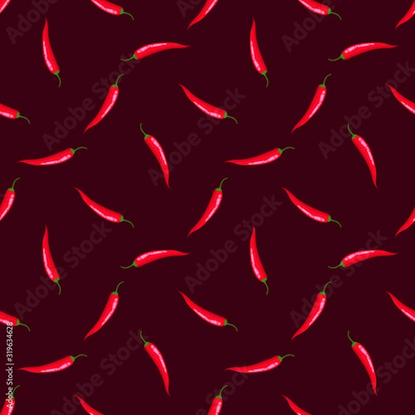 Fototapeta Vector seamless pattern with red hot chili peppers on dark red; vegetable design for fabric, wallpaper, package, textile, web design.