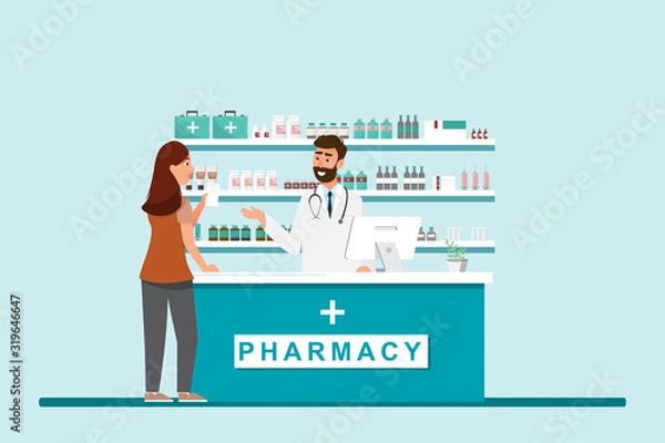 Obraz pharmacy with pharmacist and client in counter