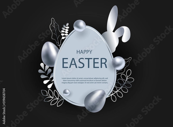 Obraz Silver easter egg with decorative elements illustration. Happy easter background, easter design. Copy space text area, vector.