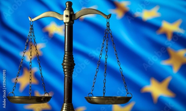 Fototapeta Law and Justice concept. UE flag background, place for typography. Courtroom Europe theme.