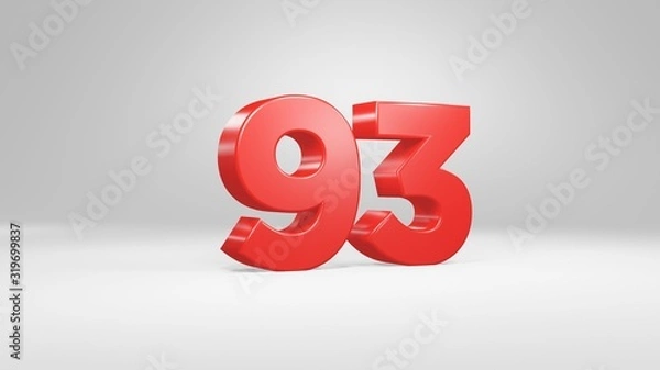 Fototapeta Number 93 in red on white background, isolated glossy number 3d render