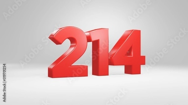 Fototapeta Number 214 in red on white background, isolated glossy number 3d render