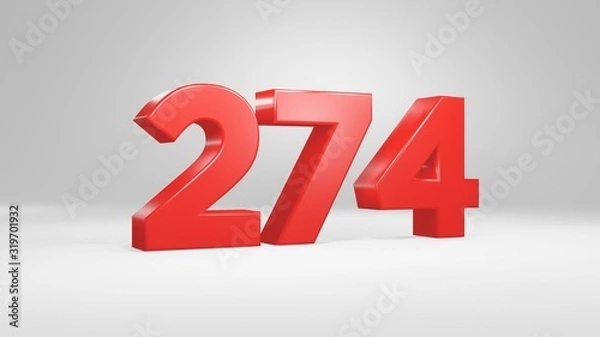 Fototapeta Number 274 in red on white background, isolated glossy number 3d render
