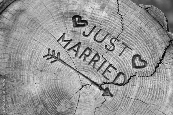 Fototapeta Just married. An inscription on a cut of a tree for a wedding decoration. Handmade decorative board on oak. Photo for your invitation design.