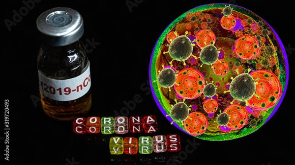 Fototapeta Colorful text "Corona virus" with Vaccine bottle have  text "2019-nCov"  and Spherical virus detection panel put on  Black background. corona virus Concept.