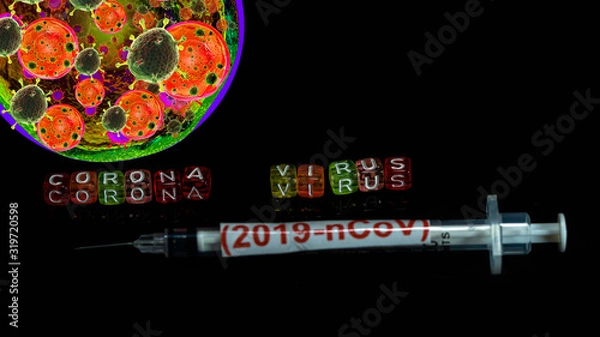 Fototapeta Colorful text "Corona virus" with  syringe have red text "(2019-nCoV)  and and Spherical virus detection panel put on  Black background. corona virus Concept.