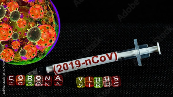 Fototapeta Colorful text "Corona virus" with  syringe have red text "(2019-nCoV)  and and Spherical virus detection panel put on  Black background. corona virus Concept.