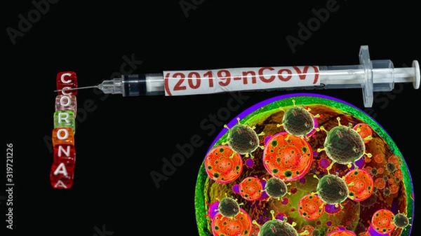 Fototapeta Syringe have text "(2019-nCoV)"  and Spherical virus and stethoscope detection panel put on  Black background. corona virus Concept.