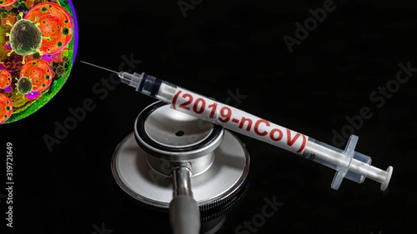 Fototapeta Syringe have text "(2019-nCoV)" and stethoscope  put on  Black background. corona virus Concept.