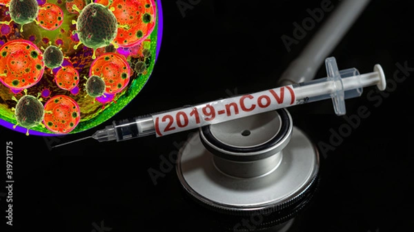 Fototapeta Syringe have text "(2019-nCoV)"  and Spherical virus and stethoscope detection panel put on  Black background. corona virus Concept.