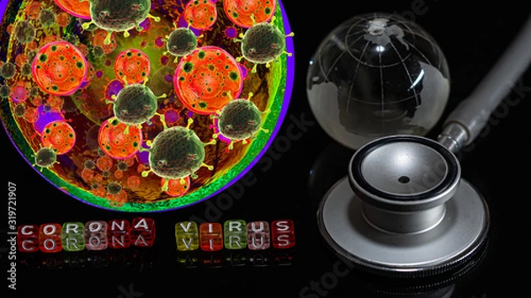 Fototapeta Syringe have text "(2019-nCoV)" and globe model and Spherical virus and stethoscope detection panel put on  Black background. corona virus Concept.