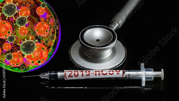 Fototapeta Syringe have text "(2019-nCoV)"  and Spherical virus and stethoscope detection panel put on  Black background. corona virus Concept.