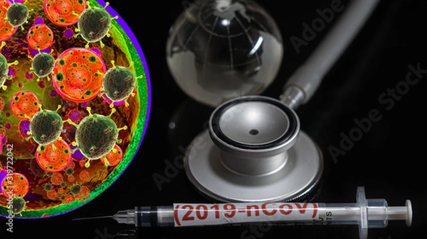 Fototapeta Syringe have text "(2019-nCoV)" and globe model and Spherical virus and stethoscope detection panel put on  Black background. corona virus Concept.