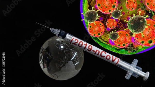 Fototapeta Syringe have text "(2019-nCoV)" and globe model and Spherical virus and stethoscope detection panel put on  Black background. corona virus Concept.