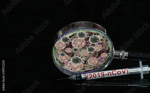 Fototapeta syringe have red text "(2019-nCoV) and Magnifying glass have The virus-like spot is there.  Placed on a black background.  The outbreak of corona virus Concept.