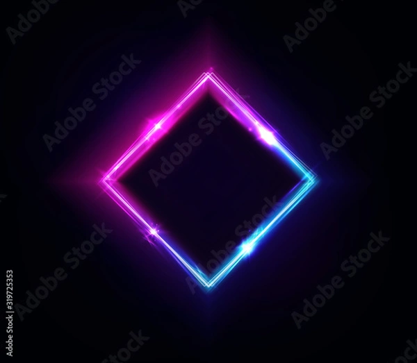 Fototapeta Neon rhombus frame or neon lights square sign. Retrowave vector abstract background, tunnel, portal. Geometric glow outline rhombus shape or laser glowing lines. Background with space for your text.