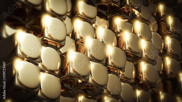 Fototapeta Abstract 3d rendering of golden square cylinder blocks surface. Futuristic background with extruded cylinders shape. High resolution 8k.