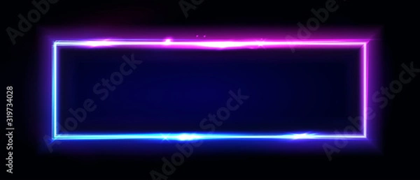 Fototapeta Neonowa prostokątna ramka lub znak poziomy neonów. Streszczenie tło wektor, tunel, portal. Geometryczny kształt konturu blasku lub świecące laserowo linie. Abstrakcyjne tło z miejscem na tekst.