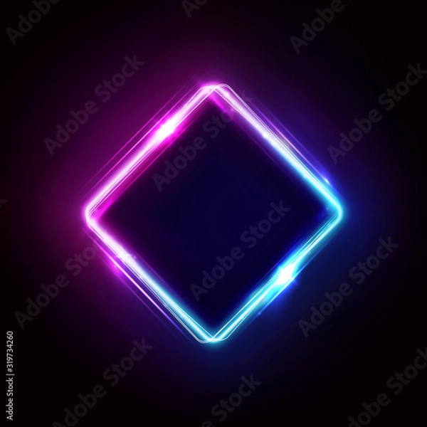 Fototapeta Neon rhombus frame or neon lights sign. Retrowave vector abstract background, tunnel, portal. Geometric glow outline rhombus shape or laser glowing lines. Background with space for your text