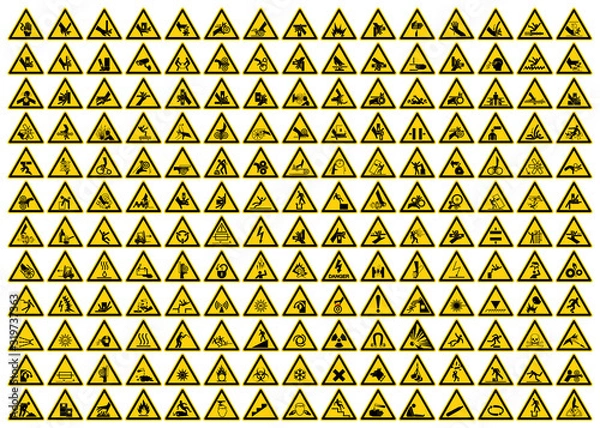 Obraz Set of Triangle Yellow Warning Sign, Vector Illustration, Isolated On White Background Label .EPS10