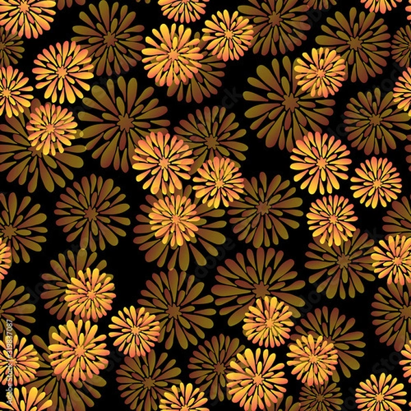 Fototapeta  with ORANGE flowers on a black background with pencils drawn seamless pattern.