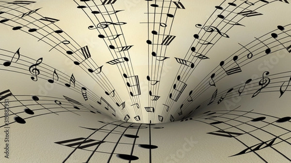 Obraz Music notes come out of the hole on old paper background