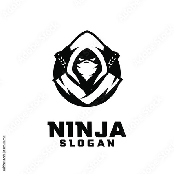 Fototapeta black white ninja character logo design cartoon