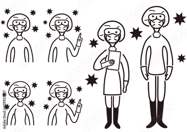 Fototapeta ウイルスに囲まれた医療スタッフ　モノクロ　イラスト