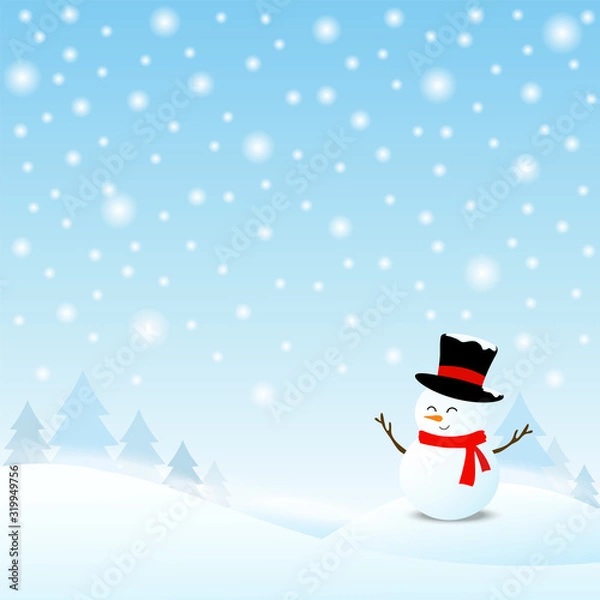 Fototapeta Snowman in winter fall scene with mist, pine tree and mountain landscape background.Christmas cartoon or cute character for decoration,greeting card,post card and merry christmas invitation template.