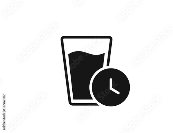 Fototapeta Glass of water with clock, fresh water drinks for health, web icon isolated on white background, top view