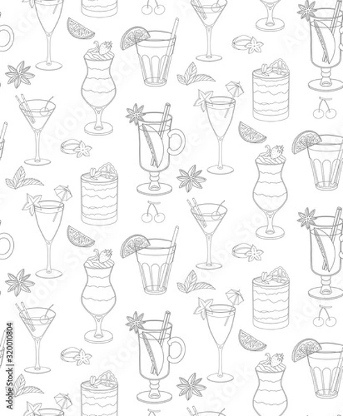 Fototapeta seamless vector pattern with cocktails and ice cream. Monochrome pattern of the elements with stroke on light background. for design of dessert menu, cocktail card, wrapping paper. hand-drawn